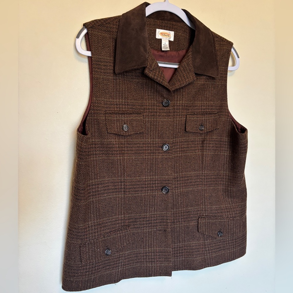 Vtg Talbots Vest Men’s Sz L Wool Lambswool Suede Collar Pockets Academia Preppy